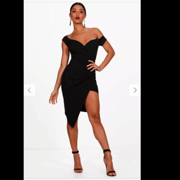 D1. NWT BOOHOO OFF THE SHOULDER WRAP DETAIL MIDI DRESS Size 4 - Picture 1 of 6